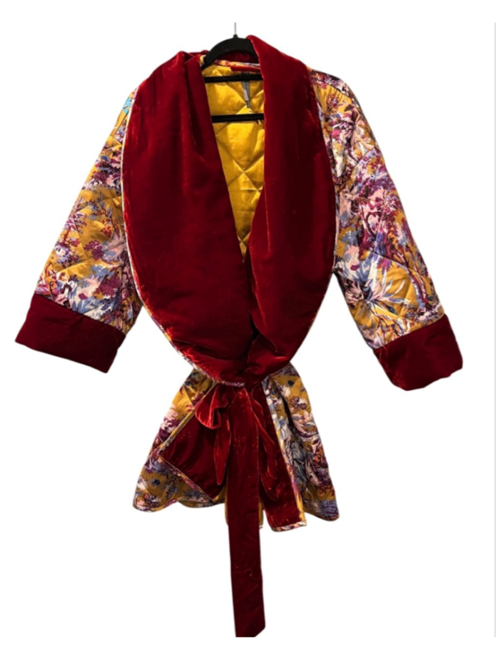 Anthropologie NWOT Quilted Sleep Robe Velvet Trim Mustard Floral Boho Size M/L